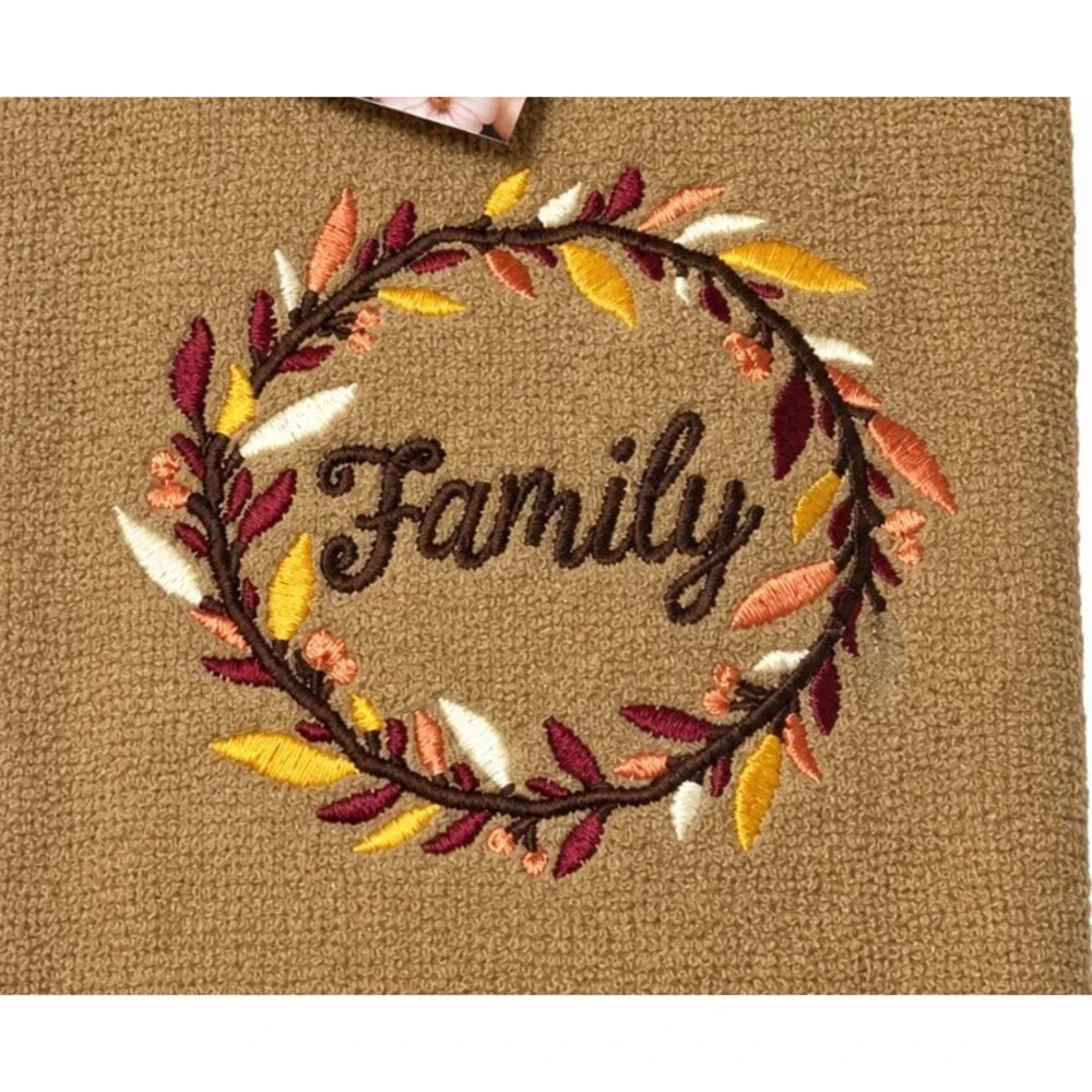 Thanksgiving Hand Towels Embroidered Bathroom Beige Harvest Family Fall Set of 2
